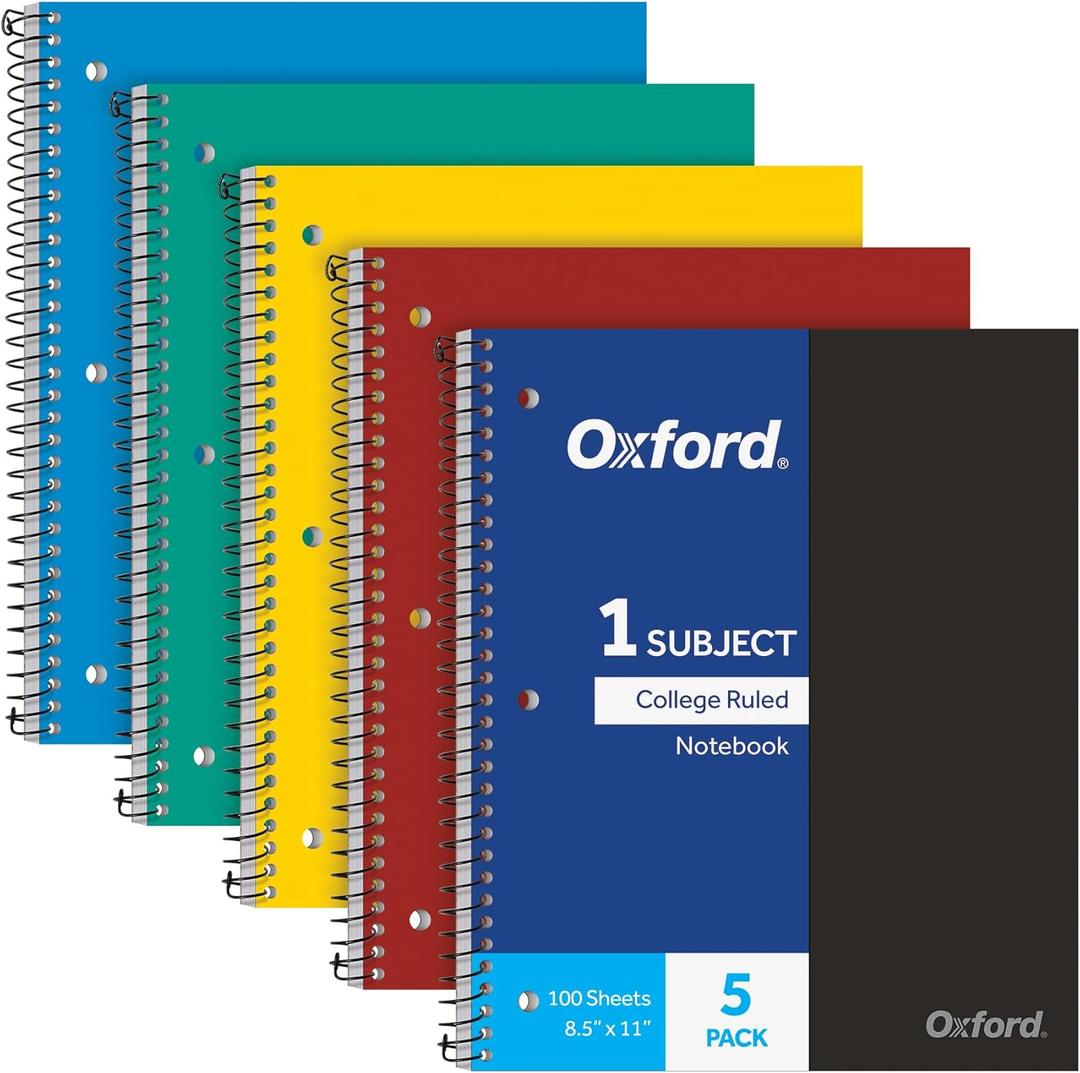 Oxford 1 Subject Spiral Notebook, Notebook for School, Plastic Covers, Back to School Supplies, College Ruled, 100 Sheets, 5 Pack, Assorted Primary Colors: Black, Blue, Red, Green and Yellow (1009289)