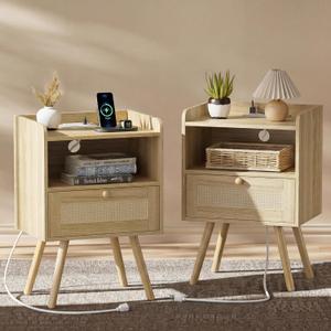 SUPERJARE Nightstands Set of 2, Night Stands with Charging Station, Natural