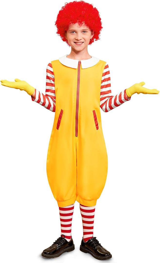 IIMMER Child Boys Halloween 5 Pcs Cute Mcdonal Clown Carnival Cosplay Costume for Girls Yellow & Red Stripes 9-10 Years
