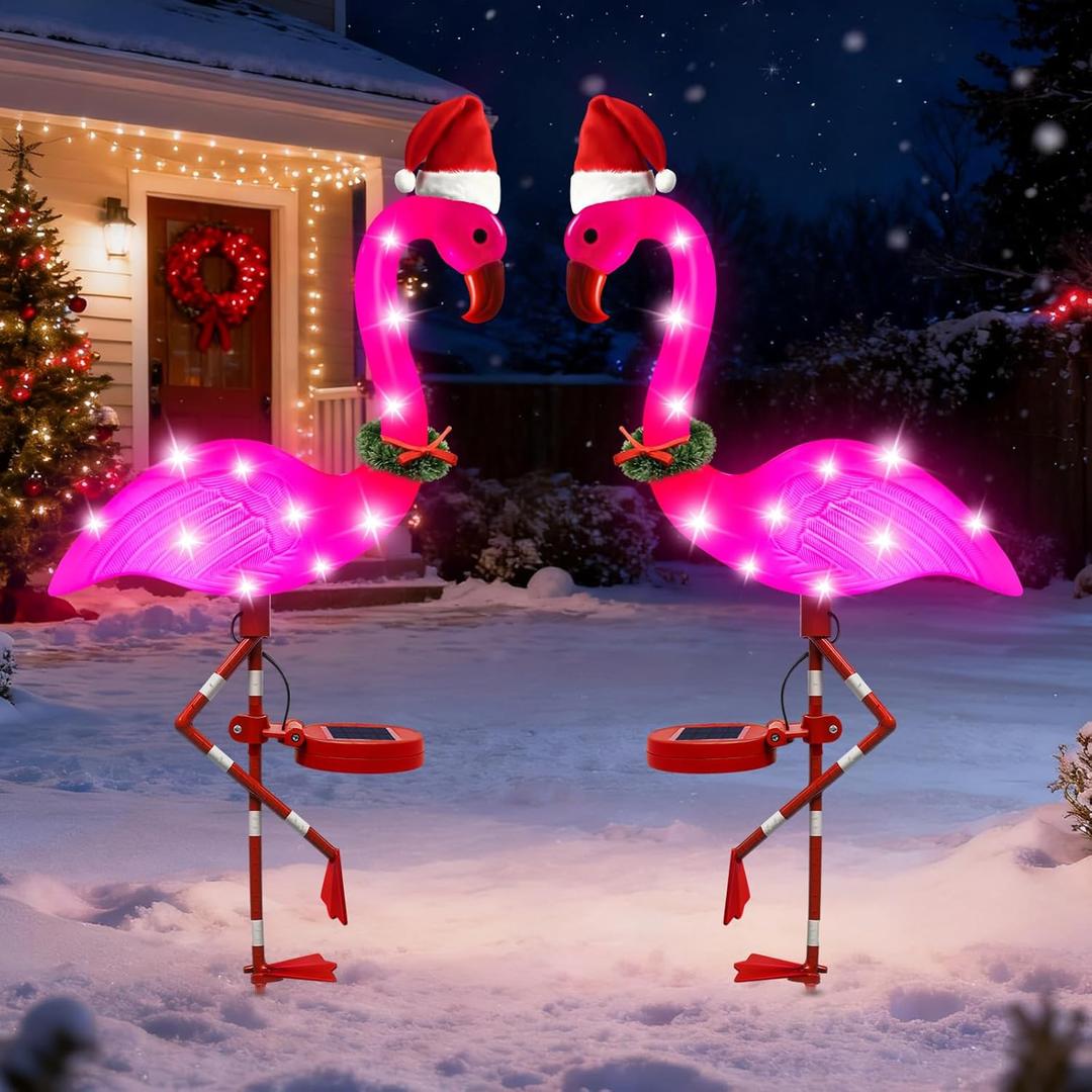 Solar Garden Lights Christmas Decor, 2Packs Solar Flamingo Light Outdoor Waterproof, Xmas Birthday Gifts for Women Mom, Pink Flamingo Garden Statue Decor for Yard Lawn Walkway Pathway Patio Porch