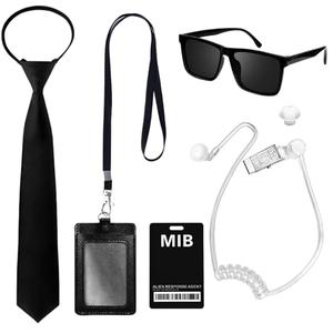 Xanllaxa 2 Pack Agent Costume Set,Secret Service Costume Accessories with Black Sunglasses ID Badge Adjustable Pretied Zipper Tie Earpiece, Spy Costume for Kids, Cosplay, Halloween, Party, Dress Up