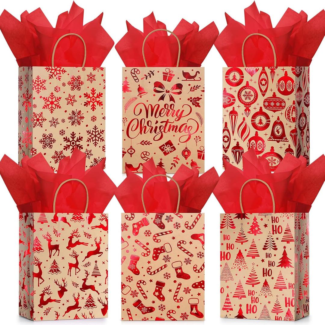 Censen 24 Pcs Medium Christmas Gift Bags with Tissue Paper Xmas Kraft Paper Goodie Bags with Handle Bulk for Christmas Gift Wrapping Holiday Party Supplies 10 x 8 x 4''(Red Snowflake)