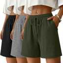 Yearntown 3 Pack Women's Sweat Shorts Ribbed Knit Elastic Waist Loose Fit Drawstring Comfy Lounge Summer Shorts with Pockets(Black, Gray, Army Green, Medium)