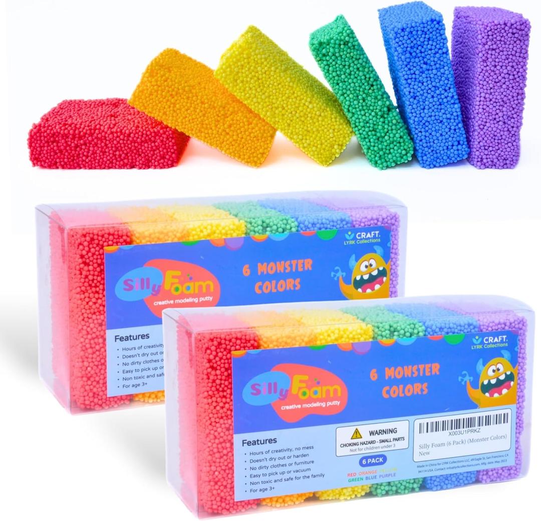 Silly Foam, Creative Modeling Foam Beads, 2-Pack Primary Colors, Perfect for Preschool and Kids, Arts, Crafts, Sensory Play, Non-Toxic (12 Blocks Red, Orange, Yellow, Green, Blue, Purple) (Age 3+) (Monster)
