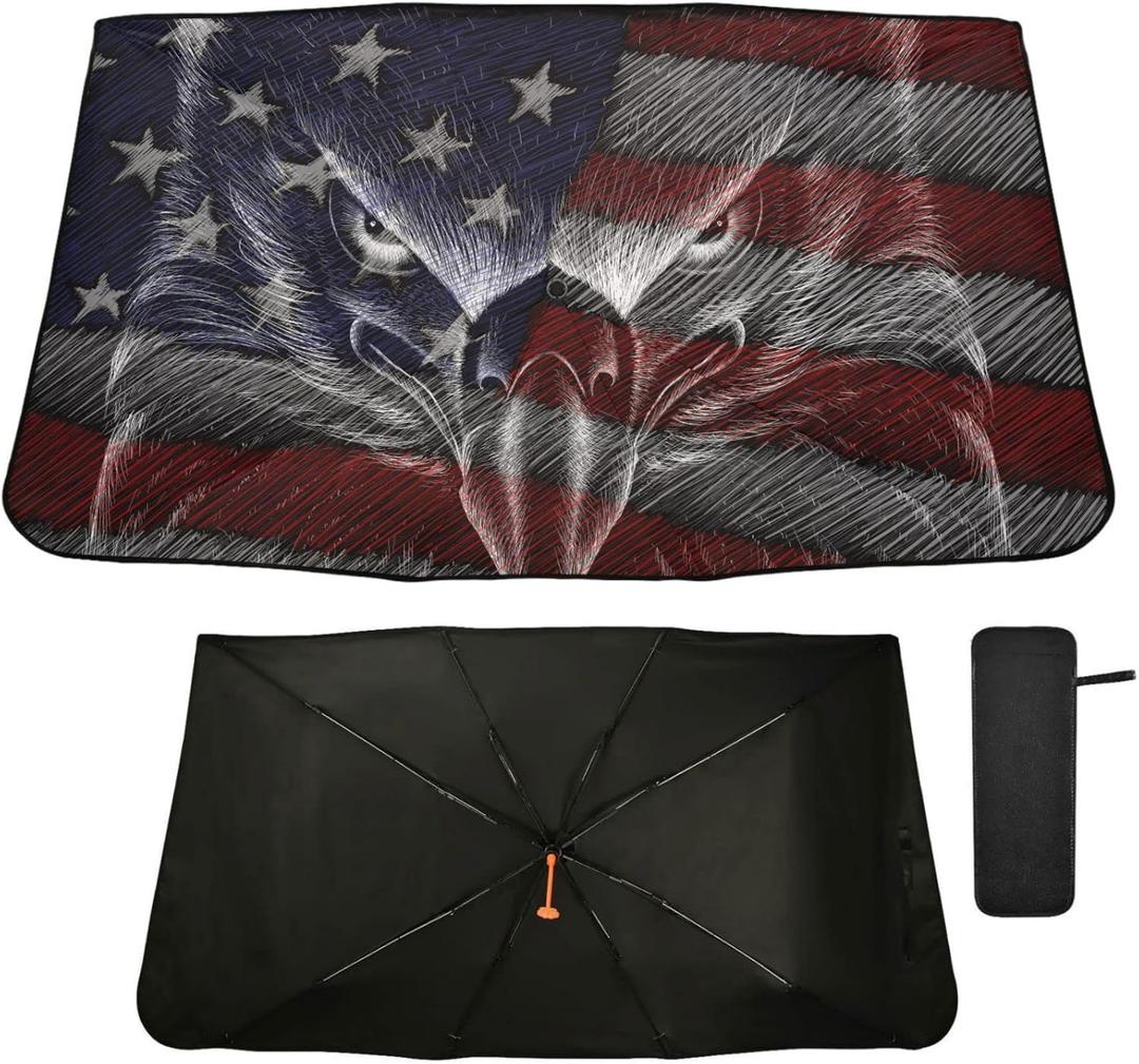 American Flag Bald Eagle Windshield Sun Shade Umbrella USA Patriotic July 4th Foldable Car Front Window Sunshade Blocks UV Rays Heat Keep Vehicle Cool (55" x 27.5")