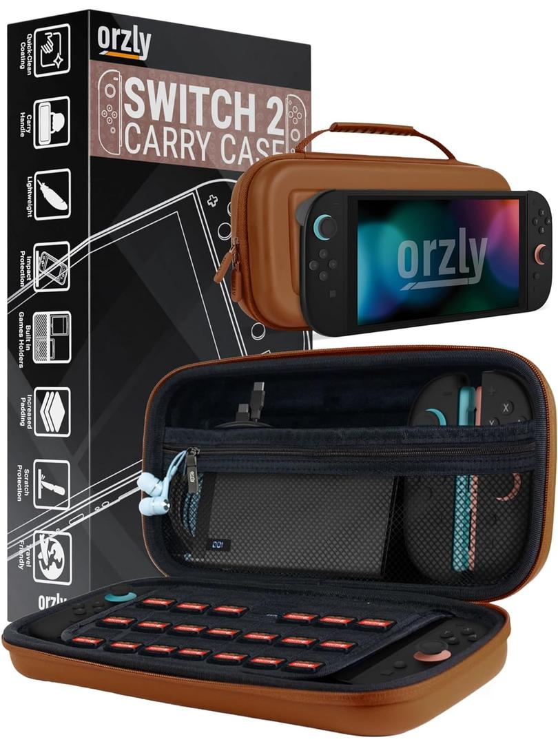 Orzly Case Compatible with Nintendo Switch 2  Protective Travel Carry Case with Screen Padding, Game Card & microSD Slots, Zipped & Open Pockets for Accessories  7.9" Gift Boxed (Brown)