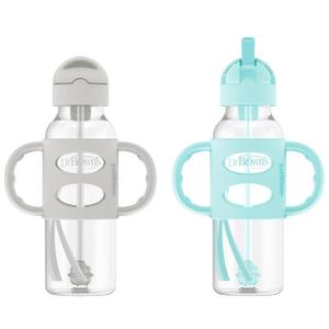 Dr. Brown's Milestones Narrow Sippy Straw Bottle, SpillProof with 100% Silicone Handles and Weighted Straw, 8 oz/250 mL, Gray & Green, 6m+