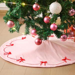 Pink Christmas Tree Skirt, 36 Inch Pink Bows Tree Skirt Velvet Plush Stand Decorations with 3D Red Bows Base Mat Thick Rugs for Xmas Holiday Party Indoor Outdoor Home Ornaments