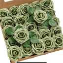 Ling's moment Artificial Flowers 50Pcs Elf Green Roses Decor w/Stems,3" Real Touch DIY Foam Floral for Wedding Bouquet/Centerpieces, Outdoors Party Backdrop, Room/Table, and Garden/Pot Decorations