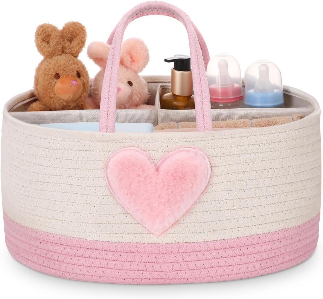 Aliceset Large Diaper Caddy for Baby Girl Boy Rope Nursery Storage Bin Basket Portable Holder Tote Bag for Changing Table Car Travel Baby Shower Gifts Newborn Essentials Registry Must Have(Pink Heart)
