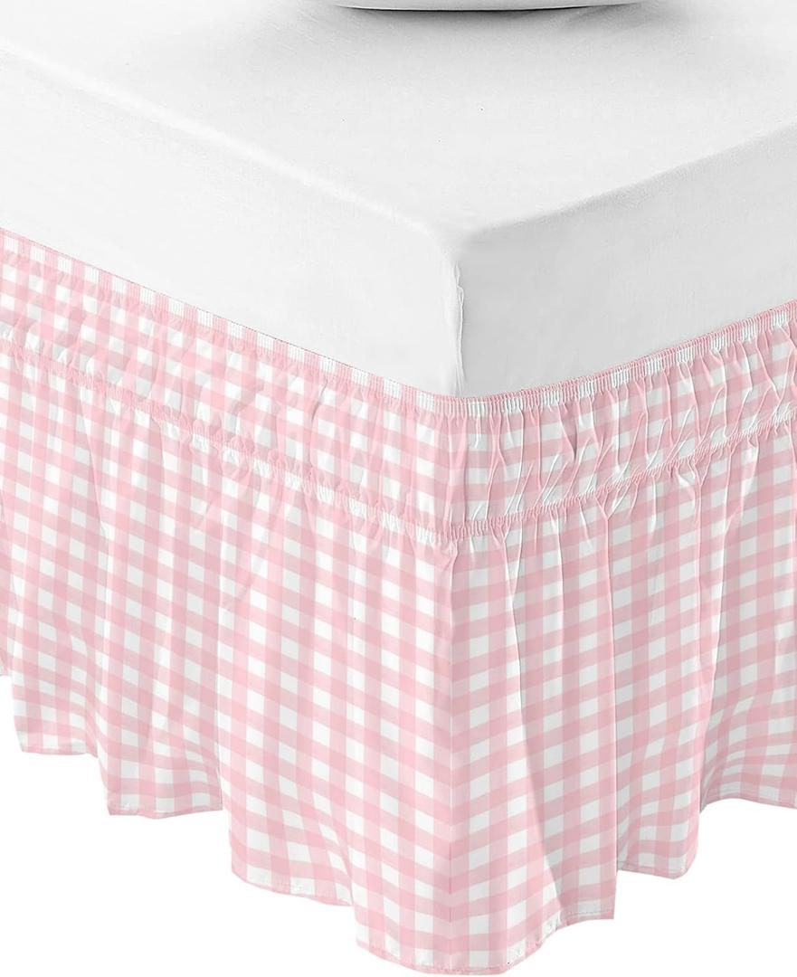 Pink Buffalo Plaid Bed Skirt Queen Size 18 Inch Drop, Adjustable Elastic Bedskirt Dust Ruffle for Queen Bed, Farmhouse Pink White Checkered Wrap Around Bed Skirts Luxurious Pleated Bed Frame Cover