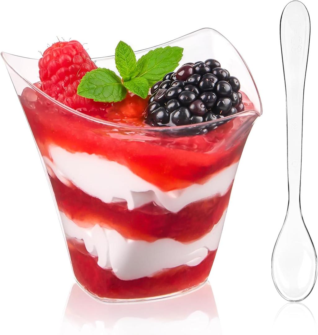 Qeirudu 4 oz Triangular Mini Dessert Cups with Spoons, 50 Pack Plastic Appetizer Cups Reusable Shooter Cups for Pudding Fruit Yogurt Parfait Ice Cream
