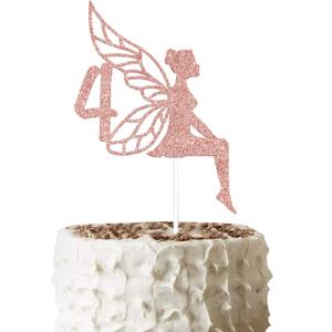 Fairy 4th Birthday Cake Topper - Rose Gold Glitter, Cheers to 4 Years