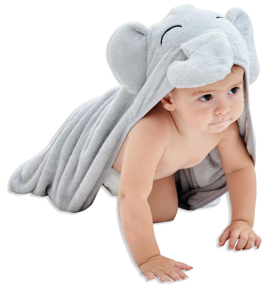 HIPHOP PANDA Hooded Towel - Rayon Made from Bamboo, Bath Towel with Bear Ears for Newborn, Baby, Toddler, Infant - Absorbent Large Baby Towel - Grey Elephant, 30 x 30 Inch