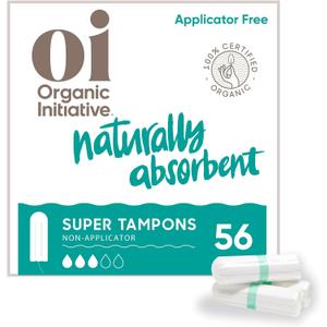 Oi | Organic Initiative - 100% Certified Organic Cotton Non-Applicator Tampons | Ultra-Absorbent, Unscented, Natural, Non-Toxic, Applicator Free | Super | 56 Tampons
