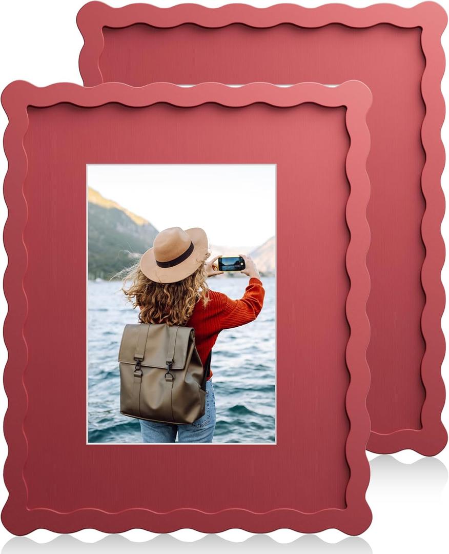 8X10 Wavy Picture Frame With Mat For 5x7, Wavy Edge Wooden Picture Frame with Real Glass - Wall Mount and Tabletop Display, Red, 2 Pack