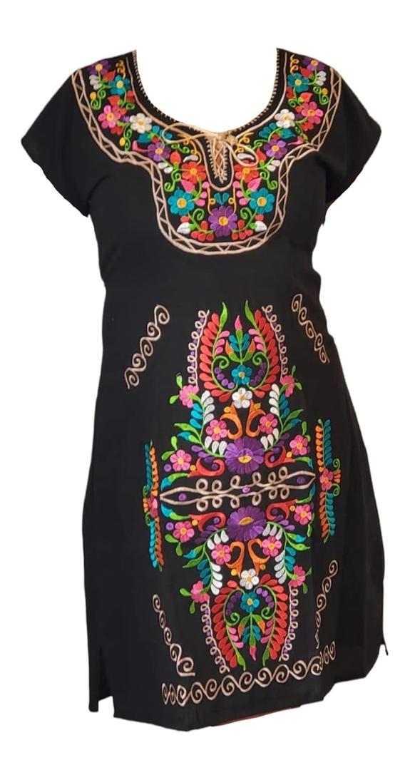 Authentic Mexican Embroidered Dress from Mexico womens vestidos bordados mexicanos huipil black colorful dress vestidos long traditional bordados Dress Short Sleeve (M, Black and Colors)