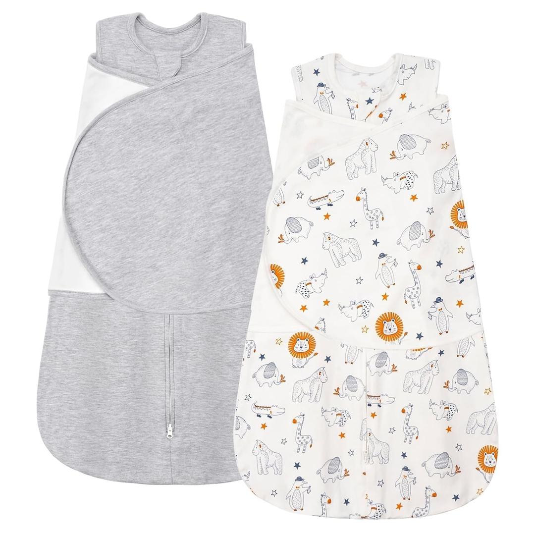 ZIGJOY Sleep Sack Swaddle 1.0 Tog Baby Wearable Blanket 100% Cotton Baby Swaddle Blanket for Newborns 6-12 Months Grey & Line Animal