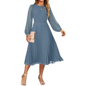 ZESICA Women's Fall Long Sleeve Dresses 2026 Casual Crewneck Chiffon Swing Pleated A Line Cocktail Party Midi Dress, Dusty Blue (Medium)