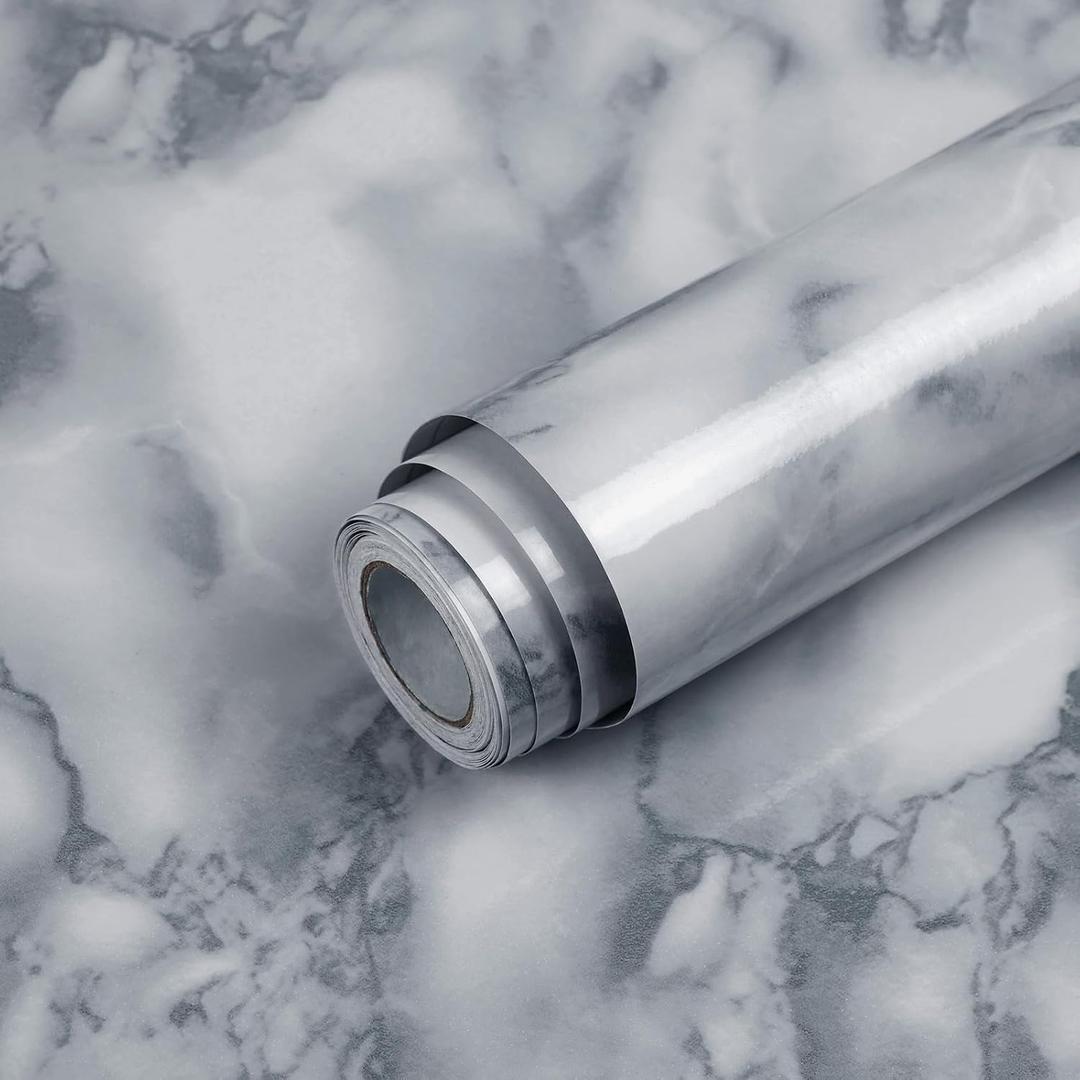 White and Gray Marble Contact Paper Glossy Peel and Stick Wallpaper Countertop Furniture Waterpoof Self Adhesive Removable Wall Paper Kitchen Livingroom Bathroom Cabinet 23.6"x120"