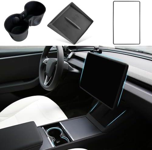 TOPABYTE 3PCS Center Console Accessories for Tesla New Model Y Juniper 2025 Model 3 Highland 2024 Cup Holder Insert, Screen Edge Protector Frame, Wireless Charger Mat Silicone, Black