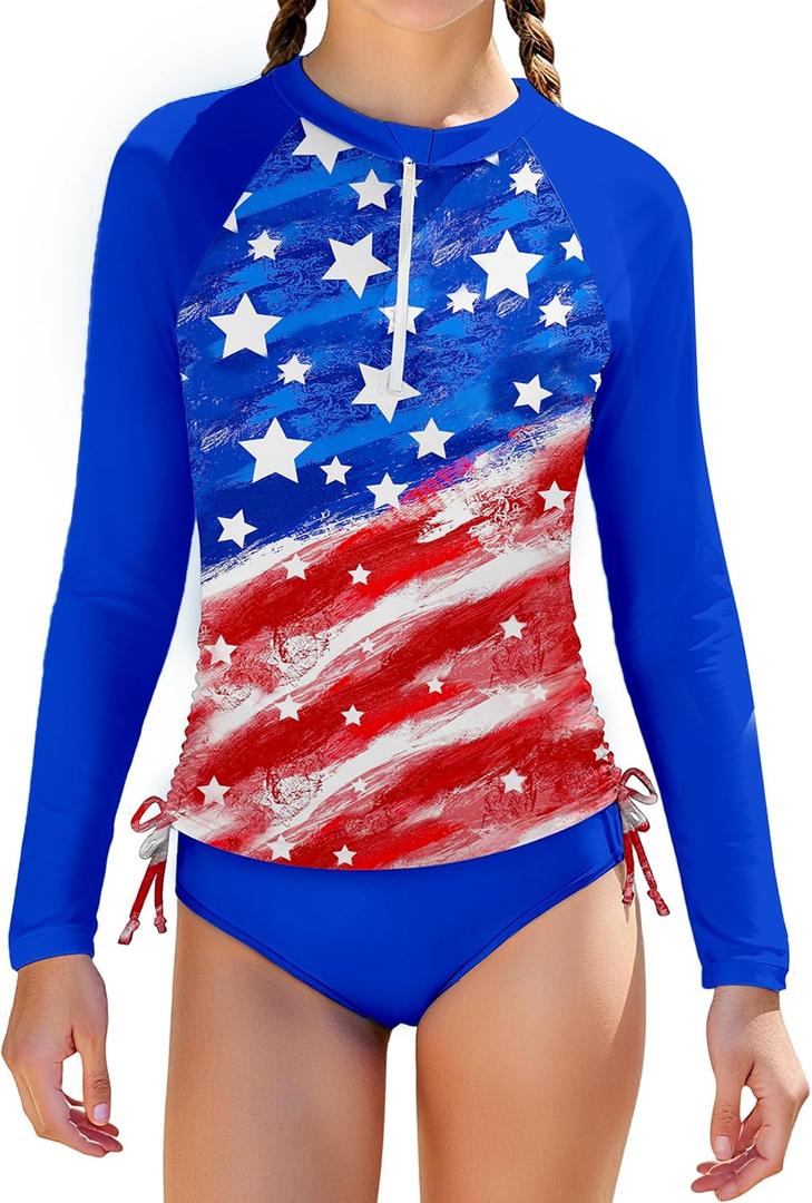 AGAPENG Girls Rash Guard Swimsuit Long Sleeve Swimsuit Two Piece Color Block Ruched Bathing Suit Zip Girls' Swimwear 7-16Y
