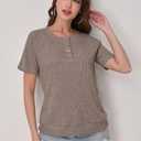 Womens Tops Summer Sweaters Short Sleeve Patchwork V Neck Henley Shirts 2026 Dressy Casual Business Tunic Blouses (Brown, XXL)