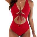 Blooming Jelly Womens Sexy One Piece Swimsuit Cut Out Slimming Bathing Suit V Neck Crisscross Back Swimwear (Small, Red)