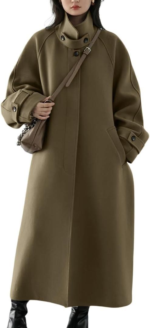chouyatou Women's Winter Hidden Single Breasted Wool Coat Raglan Sleeve Business Long Wool Overcoat (XX-Large, Dark Khaki)