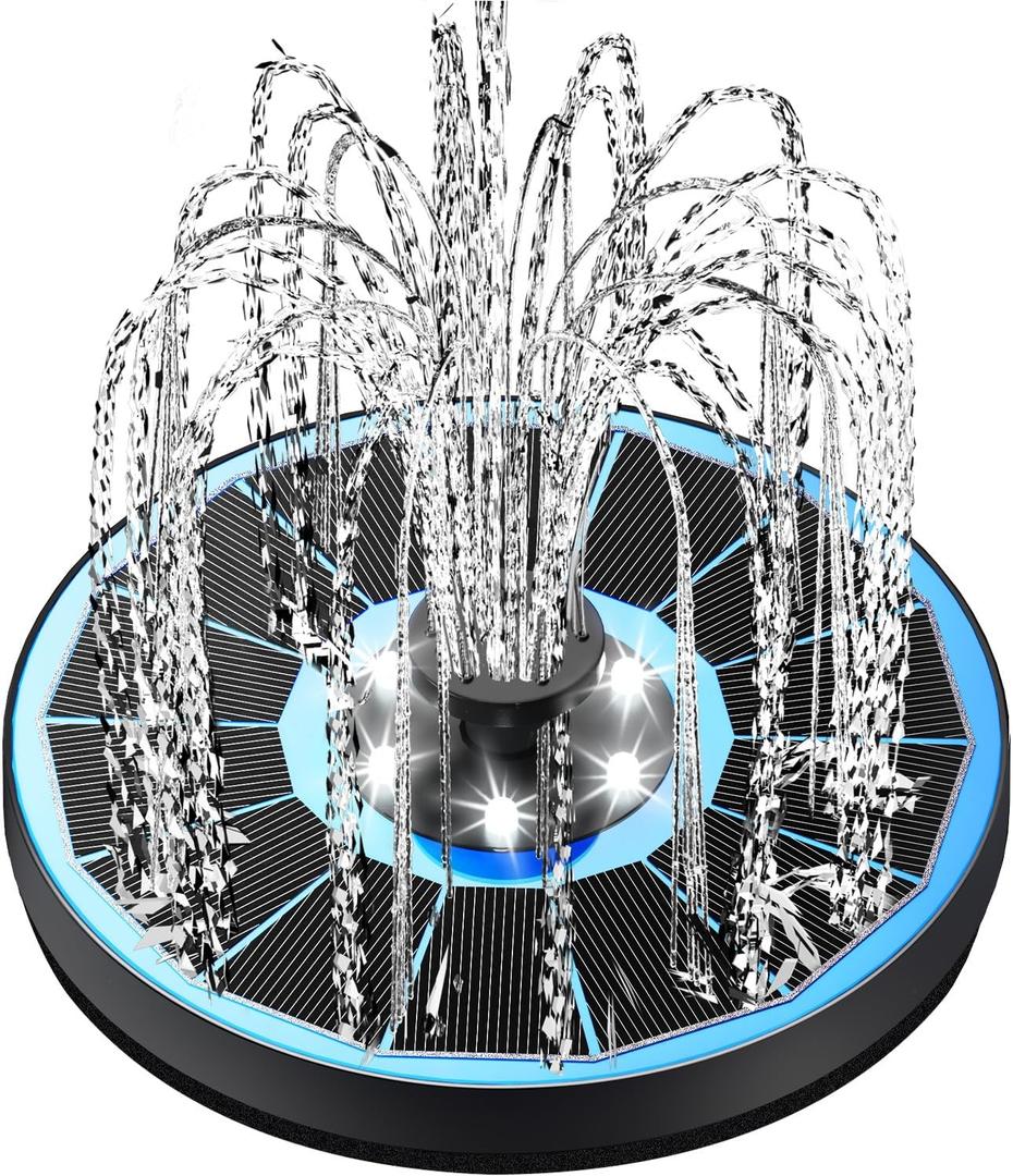 Solar Fountain Glass Panel with 2200 mah Battery, 3.5W Floating Solar Water Fountain with 4 Fixed Rods, Solar Fountain Pump for Bird Bath, Garden, Pond, Pool, Outdoor-White Lights