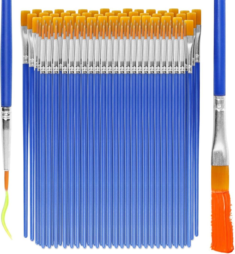 120 Pcs Blue Handle Paint Brushes, Paint Brushes Kits Set, Nylon Flat Paint Brushes, Oil Watercolor Artist Painting Brushes (60 Flat+60 Fine)