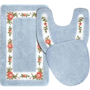 3 Pcs Rose Flowers Bathroom Rugs Set Coquette Room Decor Floral Bath Mat U Shaped Toilet Rug Non Slip Absorbent Floral Bath Carpet (Blue)