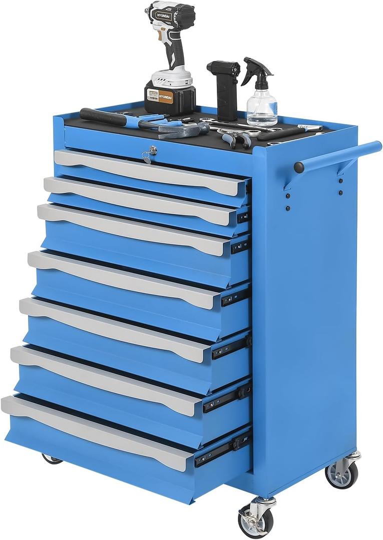 IDEALHOUSE Rolling Tool Chest, 7-Drawer Tool Chest with Drawers Modular,Mobile Heavy Duty Tool Box with Lock,Drawer Liners & Link Buckle, Steel Toolbox for Garage, Workshop, Warehouse, Blue