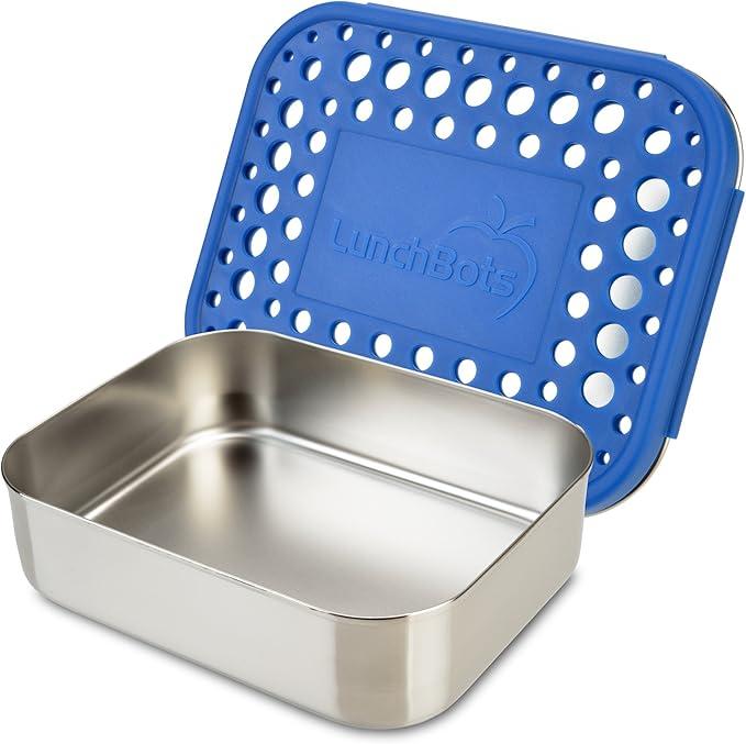 LunchBots Medium Uno Stainless Steel Sandwich Container - Open Design for Wraps - Salads or a Small Meal - Eco-Friendly - Dishwasher Safe and BPA-Free - Aqua Dots (1 section) Blue Dots