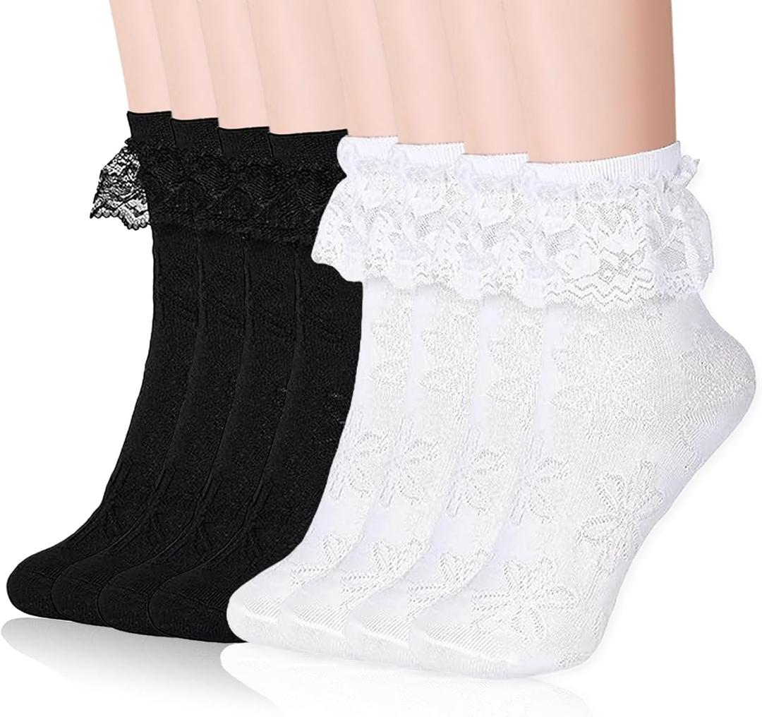 4 Pairs Ruffle Socks Women, Lace Frilly Crew Socks, Cotton Cute Princess Ankle Dress Lace Socks for Women