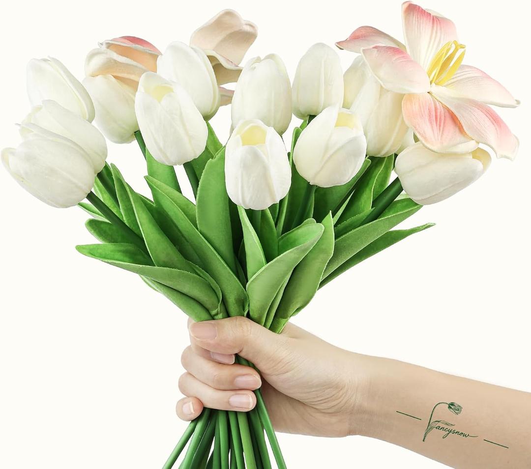 20Pcs Cream Tulips Artificial Flowers Real Touch PU Faux Tulips 18 Buds & 2 Fully Blooms Fake Flowers for Home Decor - Easter Spring Table Arrangement (Bedroom, Living Room, Kitchen)