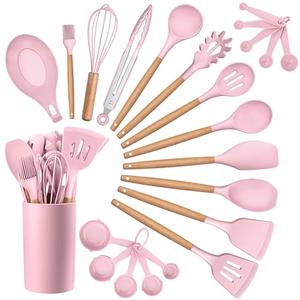 HaWare Kitchen Cooking Utensils Set, 23-Piece Silicone Kitchen Utensils Spatula Set with Holder, Heat Resistant Wooden Handle Kitchen Gadget for Nonstick Cookware, Food-grade Turner Spoon Sets (Pink)