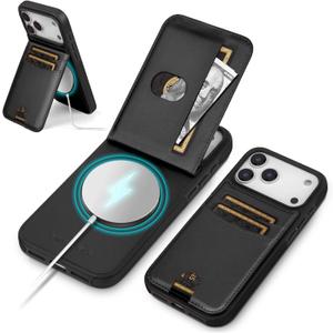 Compatible with Magsafe for iPhone 17 Pro Wallet Case with Card Holder Kickstand RFID Blocking Flip Cover Credit Card Slots PU Leather Men Women,Phone Case for Apple 17 Pro 6.3",Black