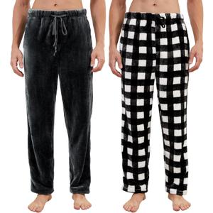 2 Pack Mens Plush Pajama Pants, Fluffy Warm Fleece Sleep Pj Soft Lounge Bottoms with Pockets for Winter (Black, L)