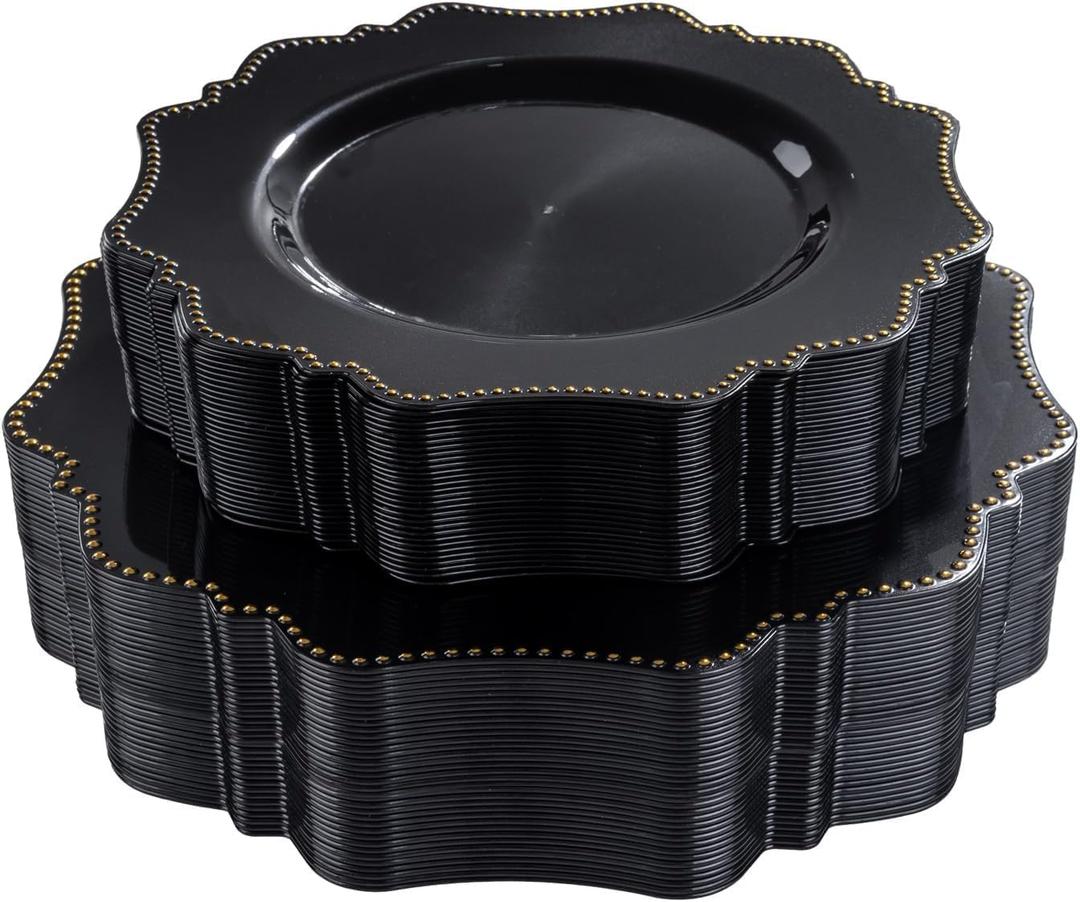 COLOSUS 60pcs Black and Gold Plastic Plates Set, Gold Black Party Plates, 30pcs Dinner Plates and 30pcs Salad/Dessert Plates for Wedding, Party, Anniversary, Daily Use