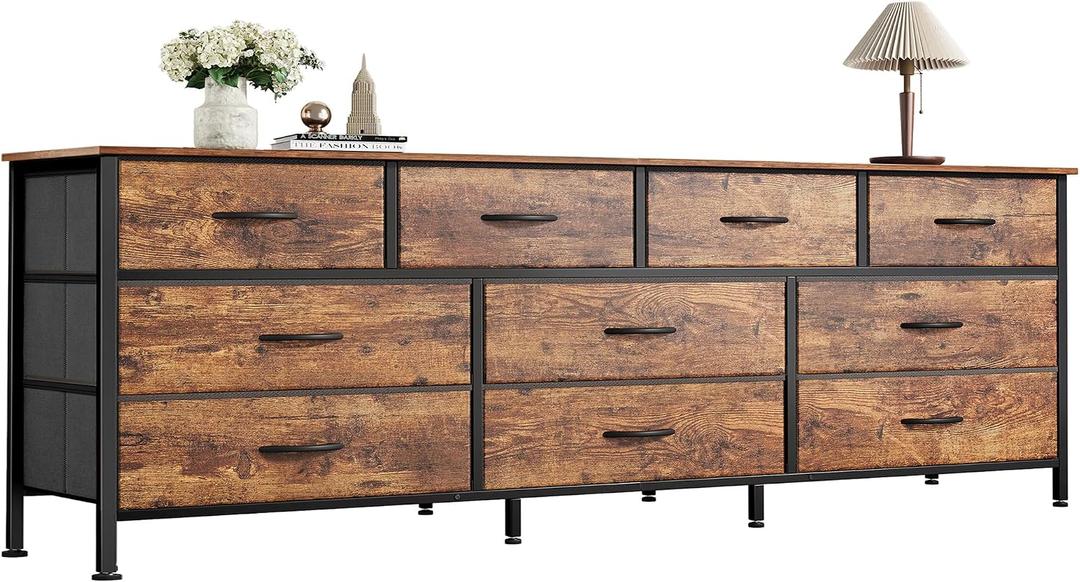 Huuger 63 Inch Dresser for Bedroom, Long Dresser with 10 Fabric Drawers, TV Stand for 55, 65, 70 Inch TV, Toy Storage Organizer for Closet, Rustic Brown