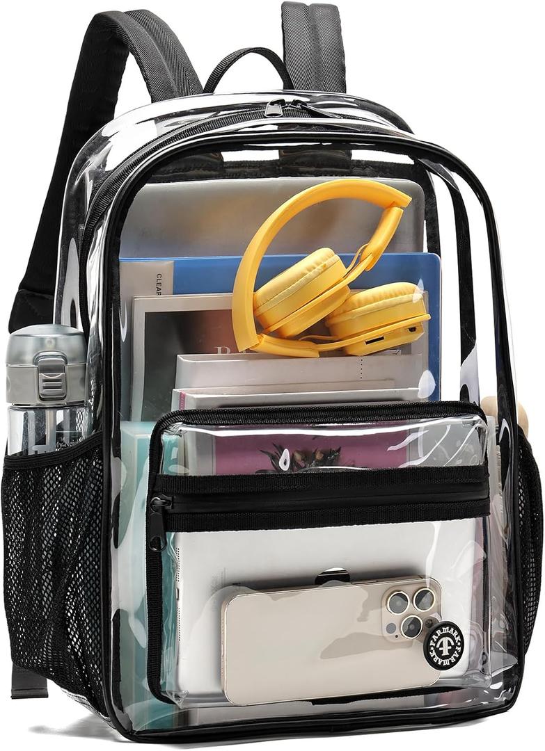 Stadium Approved Clear Backpack, Heavy Duty Transparent Bag for Concerts, Events, College & Workplace - Black