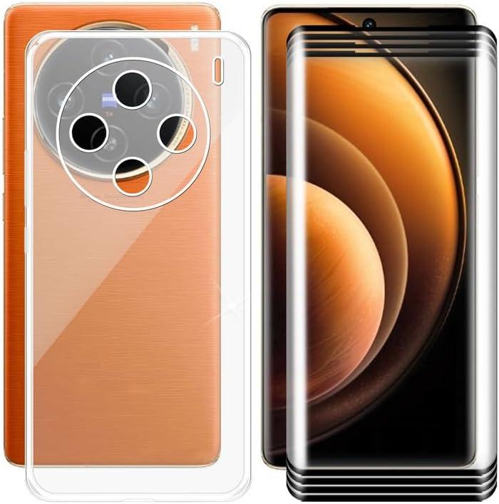 4 Pack Tempered Glass Film + Cover for Vivo X100 Pro V2324A (6.78"), 9H Hardness Screen Protector and Soft Silicone Case Bumper Transparent Protective TPU Cases - Clear