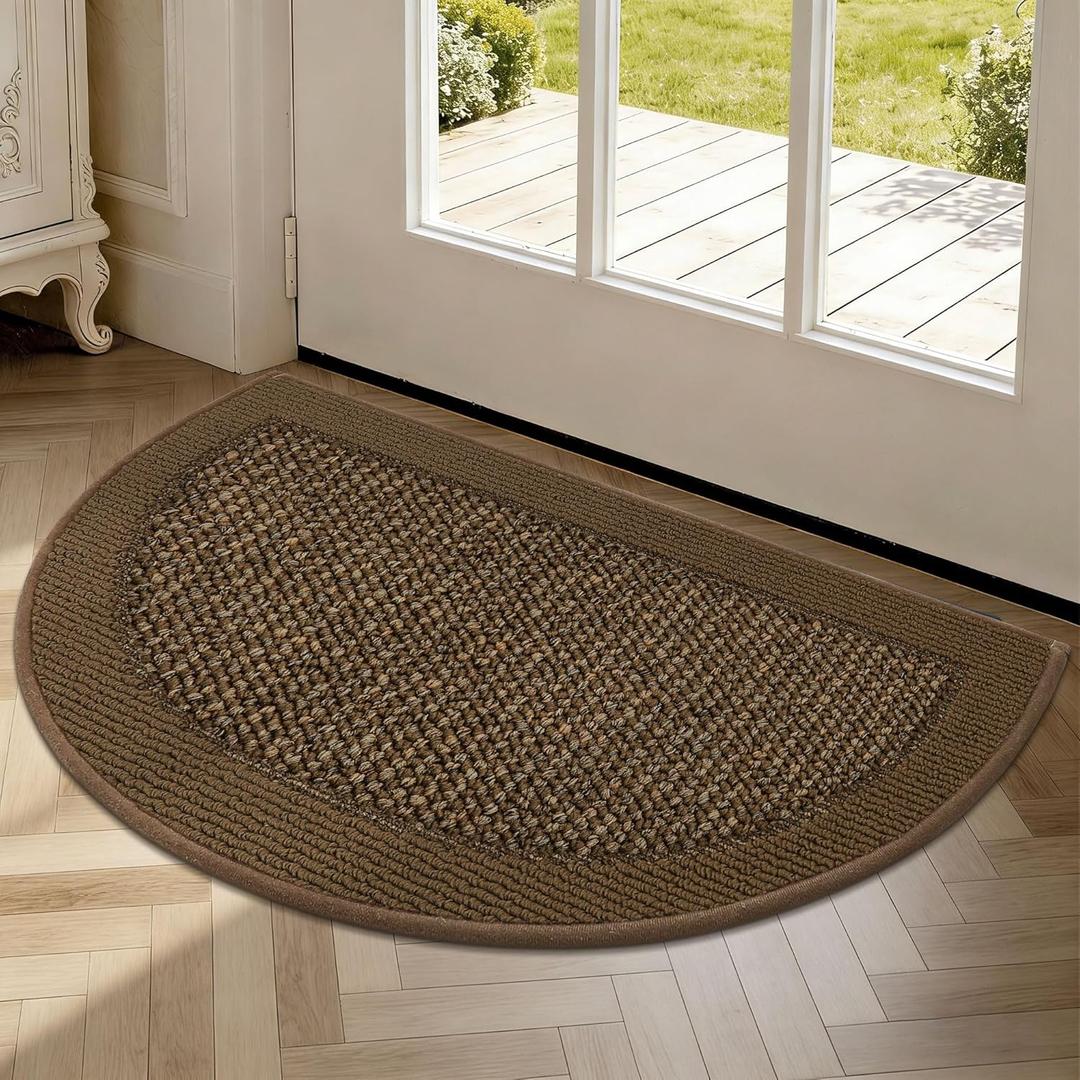 Half Circle Door Mat Indoor Entrance Welcome, Non-Slip Washable Doormat, Trap Dirt and Moisture, Low Profile Mats for Indoor Entry, 17"x30", Brown