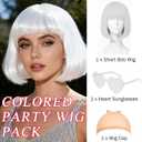 Short Bob Wigs with Heart Sunglasses and Hair Cap Set of 3 | Colorful Colored Neon Wig Funny Cosplay Hairpieces for Halloween Party Costume (White)