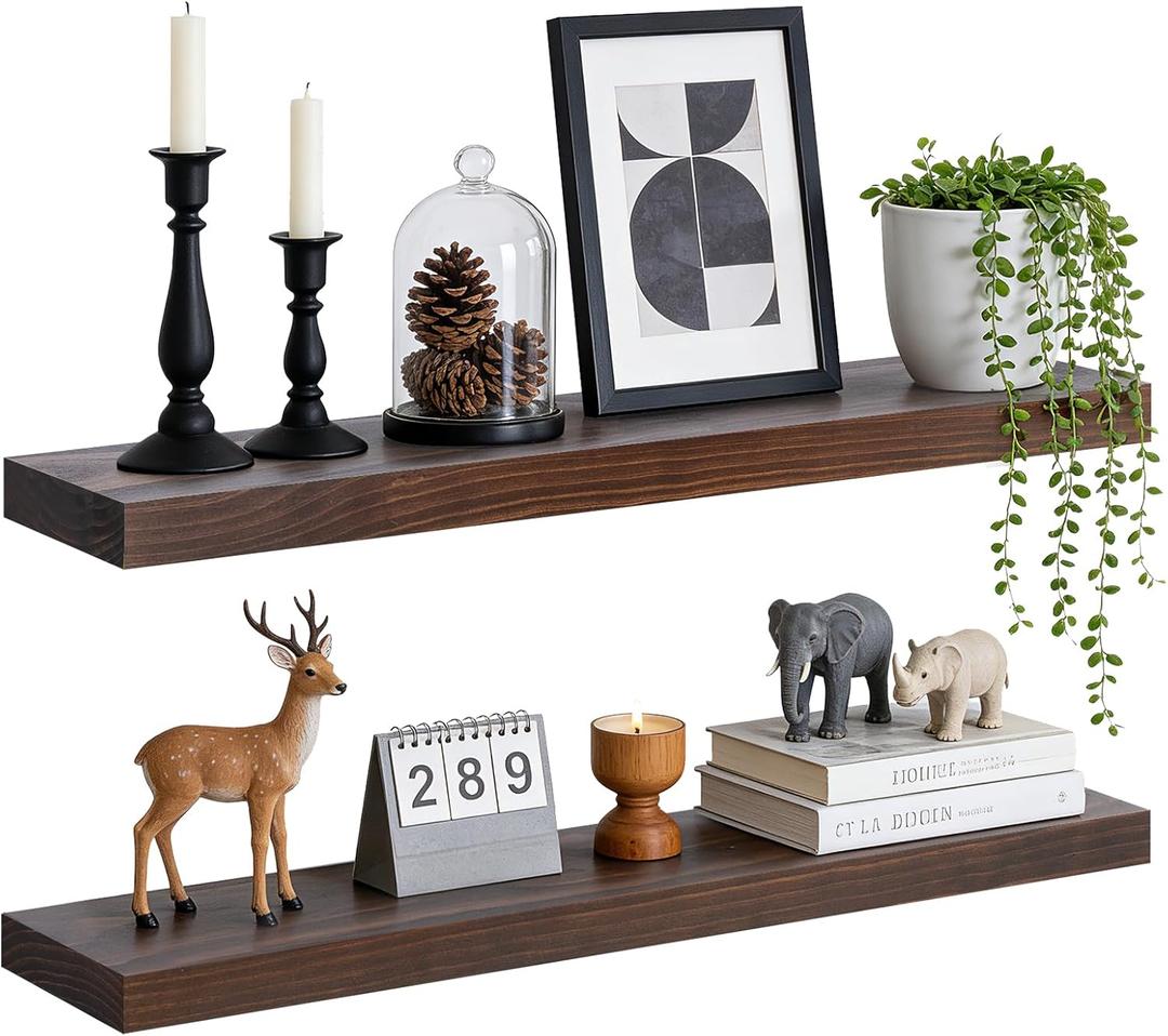30x6.8x1.7in Solid Wood Floating Wall Shelf Set of 2 Walnut Finish, 30x6.8x1.7-2pack