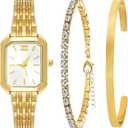 NEWITIN 3 Pieces Women Gold Watch Bracelets Set Fashion Costume Jewelry Stainless Steel Gold Plated Square Wristwatch Diamond Bangle Bracelet Watch Jewelry Set for Women