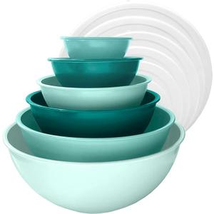 Edge Plastic Mixing Bowls 12 Piece Nesting Set 6 Prep Bowls and 6 Lids, for Baking, Cooking and Storing, Tonal Mint