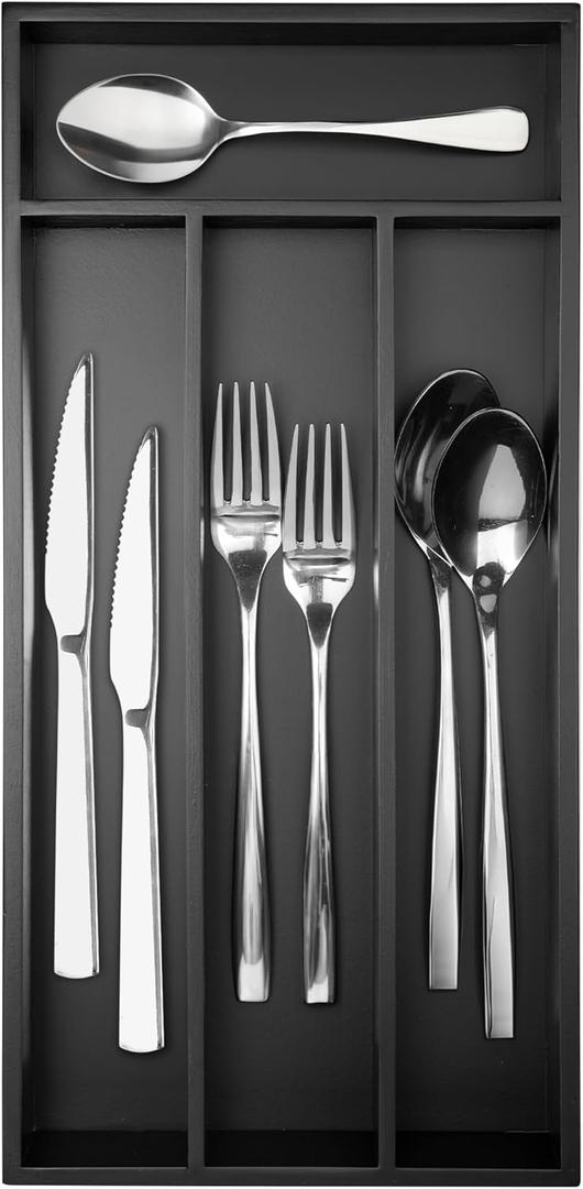 Silverware Organizer Small Bamboo Kitchen Drawer Organizer Utensil Organizer Silverware Holder Cutlery Organizer in drawer Flatware Organizer Tray (Black 4 Slots)