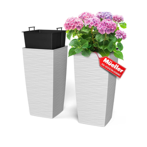 Mueller M-Resin Heavy Duty Tall Planters for Outdoor Plants, Indoor Grande Plant Pots, Boxes, Trees, Flower Pots, 2-Piece Set, 24”, Modern Design, Built-in Drainage, Front Porch Decor, White 3,4 Gallon